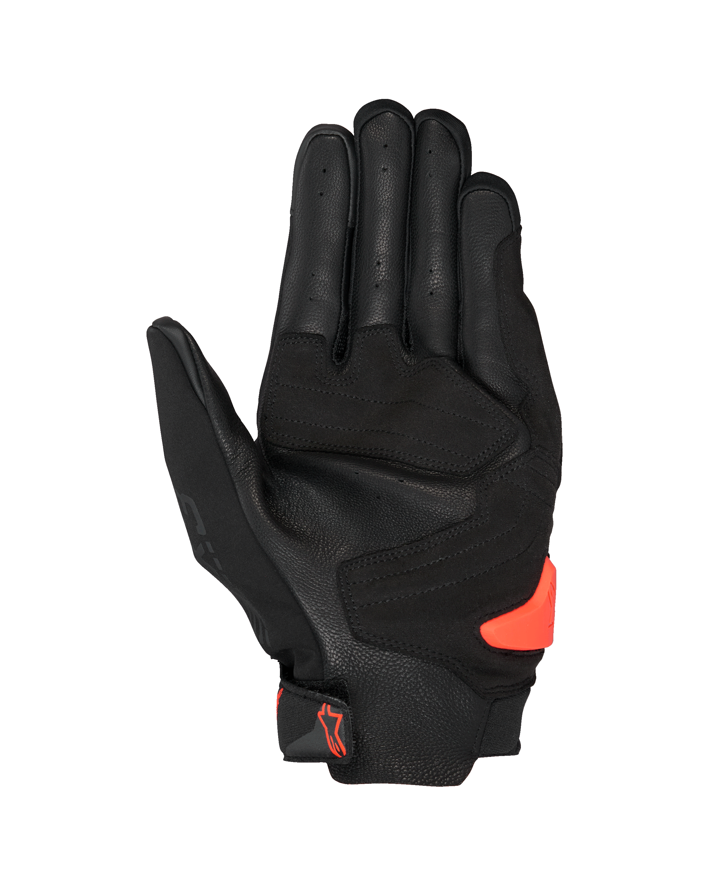 Alpinestars SP X 3 Gloves, Black and Red Fluo, palm view featuring perforated leather, synthetic reinforcements, and a bright orange TPR palm slider, racing and sport motorcycle gear