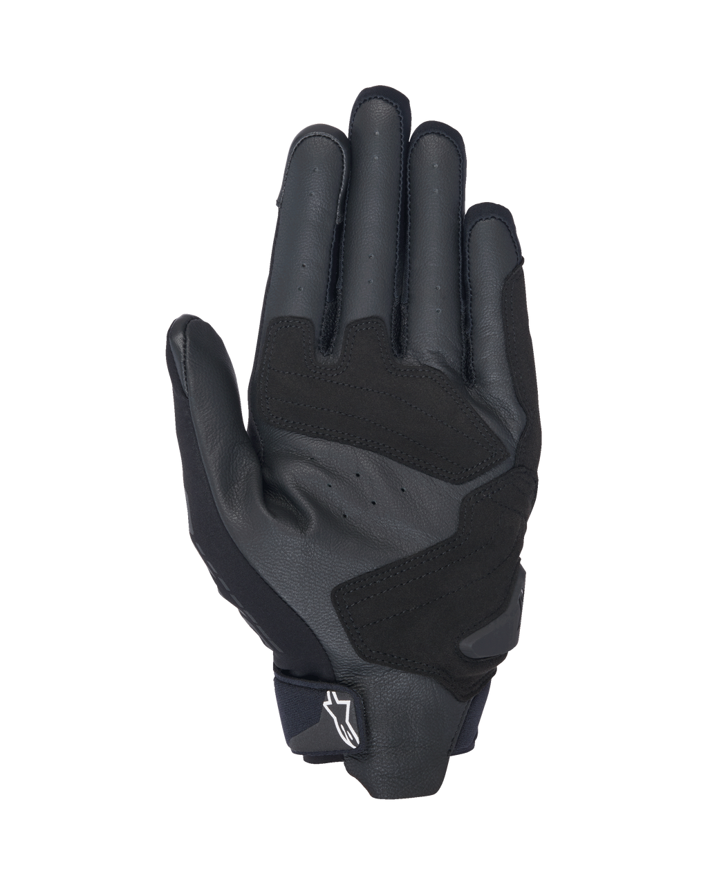Alpinestars SP X 3 Gloves, Black and White motorcycle gloves, palm side view showing perforated leather for ventilation, synthetic leather overlays for enhanced grip and durability, reinforced impact zones, and short-cuff design with a white Alpinestars logo on the pull tab.