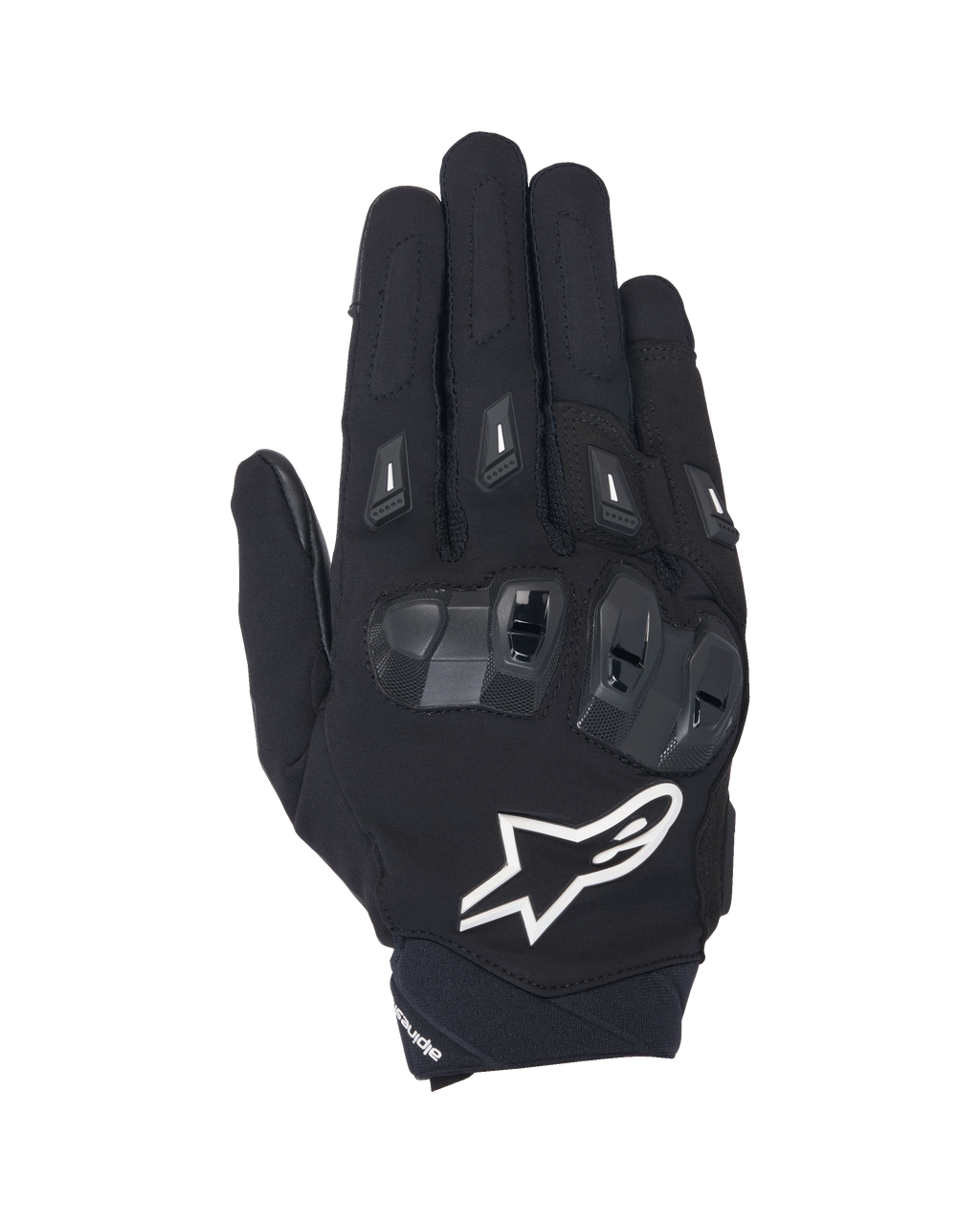 Alpinestars SP X 3 Gloves, Black and White short-cuff motorcycle gloves, top view showing TPU double-density knuckle armor, large white star logo, and finger protectors, designed for sport and road riding