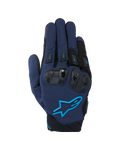 Alpinestars SP X 3 Gloves, Motorcycle Racing Gloves, Dark Blue and Black with Blithe Blue accents, featuring TPU double-density knuckle protection and Alpinestars star logo, textile and mesh construction for sport riding