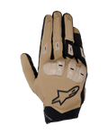 Alpinestars SP X 3 Gloves, Motorcycle Racing Gloves, Dark Khaki Sand and Black, featuring TPU double-density knuckle protection, reinforced finger padding, stretch woven material for breathability, and integrated branding.