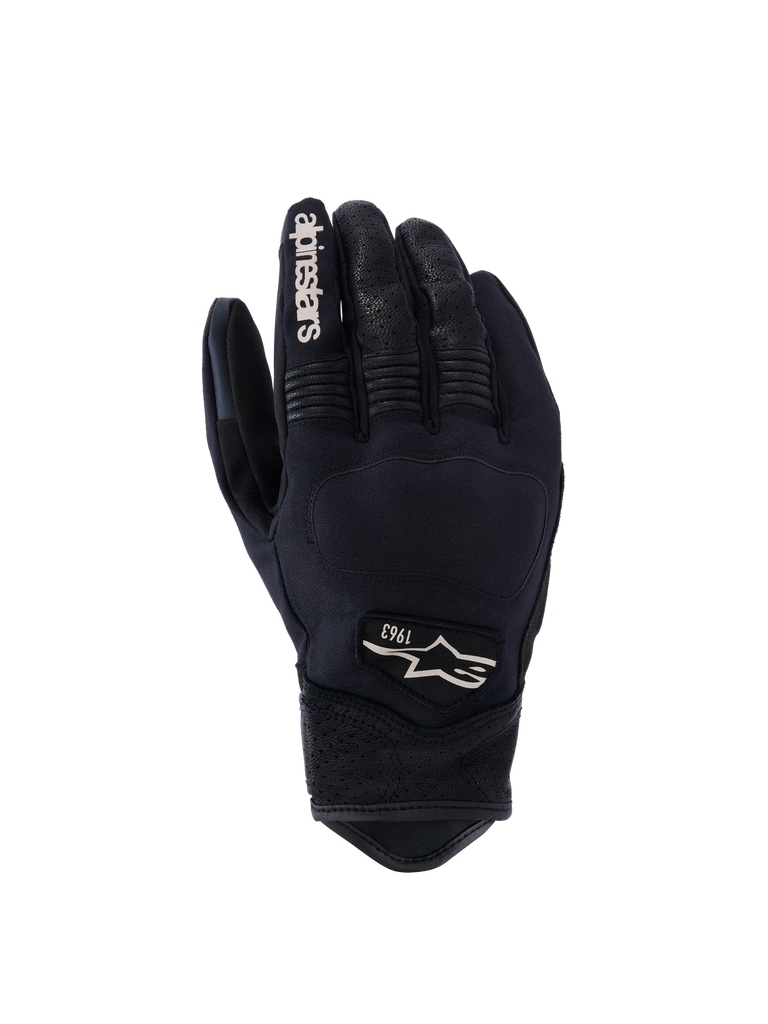 Alpinestars Tracker Gloves, Motorcycle Gloves, Black, reinforced knuckles with textured surface, white 1963 logo on back, white branding on index finger, detailed stitching, patterned wrist area, snug fit design