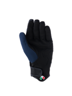 Alpinestars Tracker Gloves, palm view, Dark Blue and Black, featuring reinforced synthetic suede palm, short cuff with hook-and-loop closure, and small tricolor logo detail, urban motorcycle gear