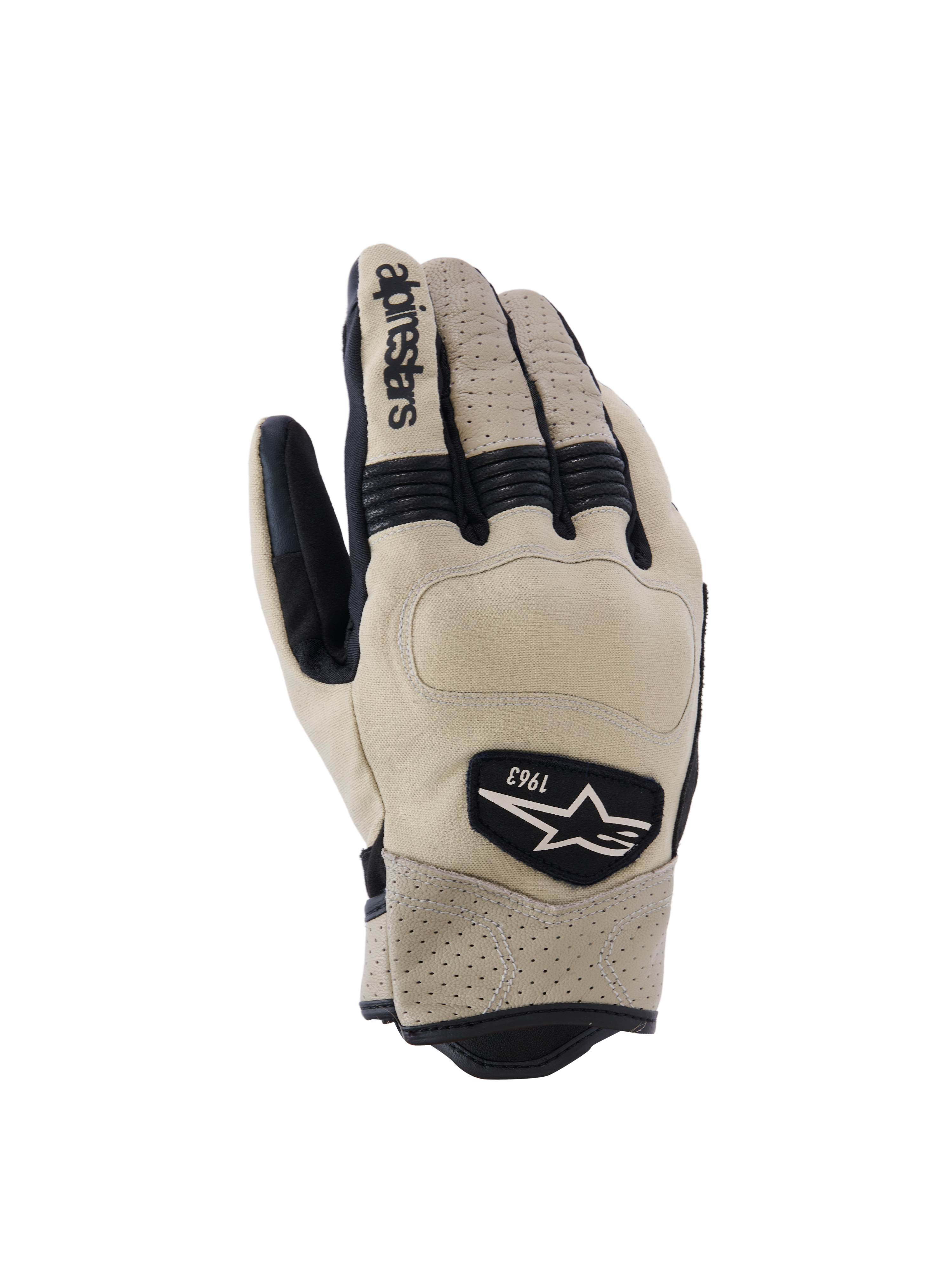 Alpinestars Tracker Gloves, Motorcycle Gloves, Beige and Black, featuring perforated leather, black accordion stretch inserts, and 1963 heritage logo patch, urban workwear style