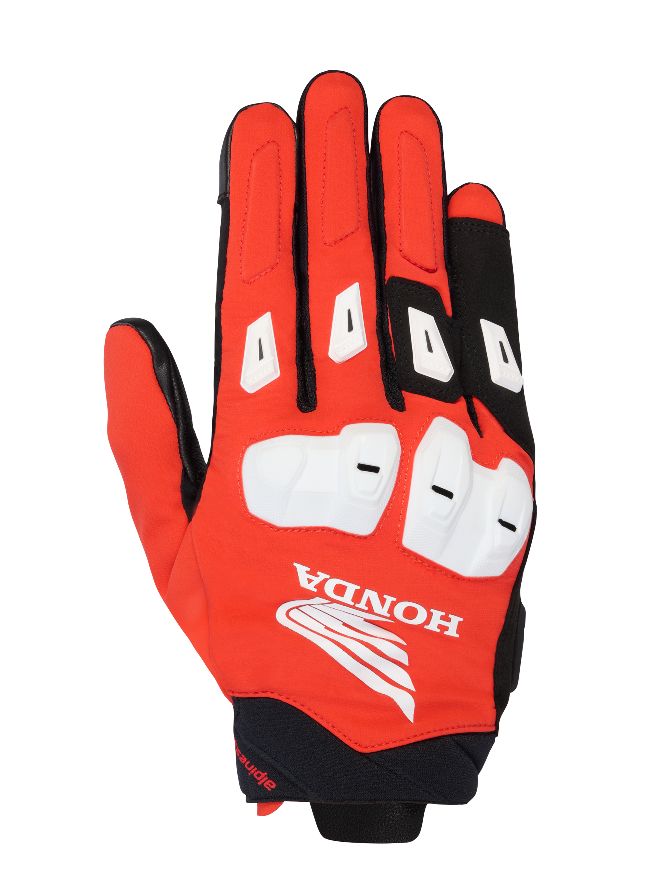 Alpinestars Honda SP X 3 Gloves, Motorcycle Sport Gloves, Bright Red, Black and White, featuring white TPU knuckle protectors and finger sliders, large white Honda Wing logo on the backhand, breathable multi-material design for summer road riding