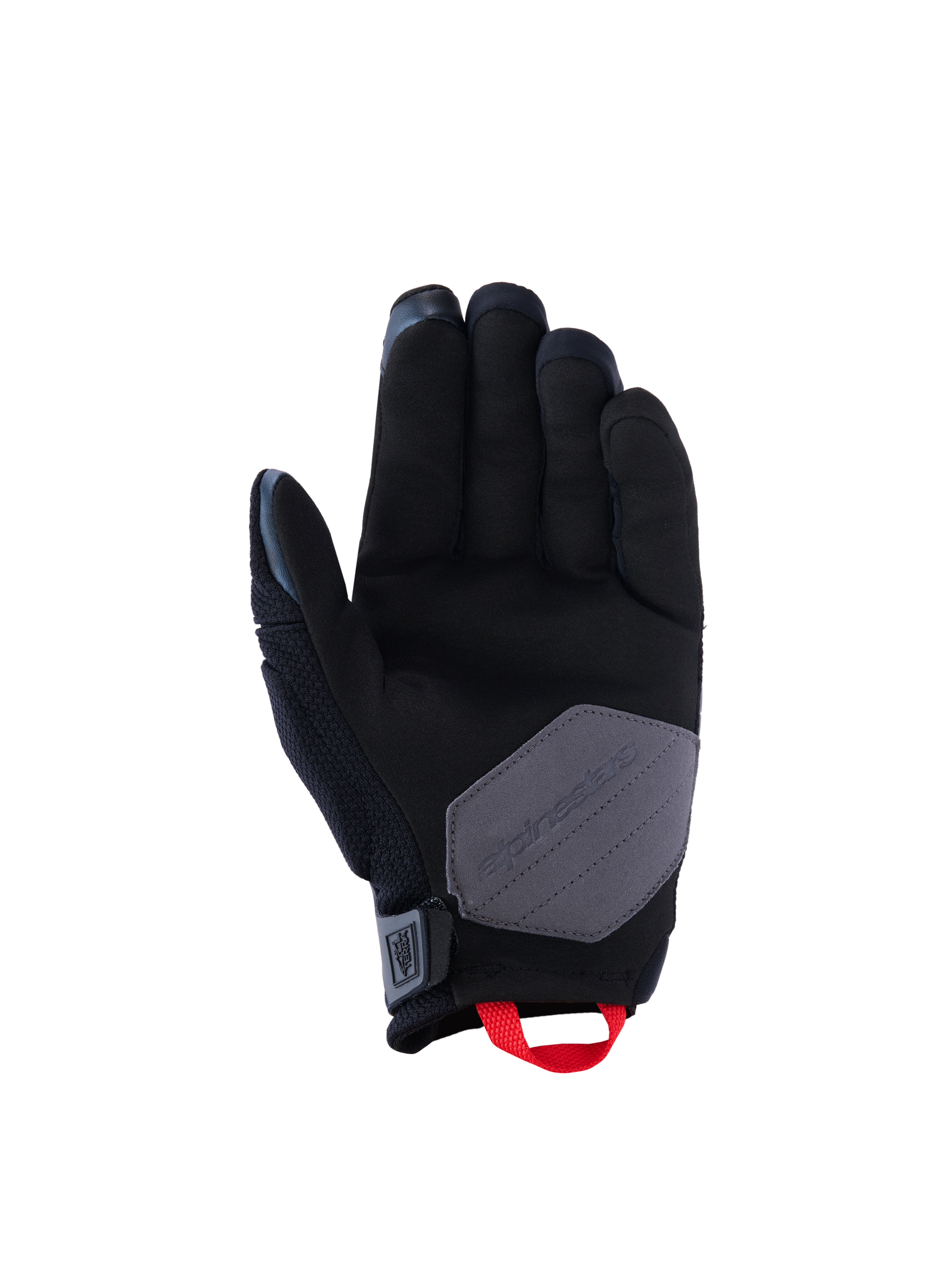 Alpinestars Durack Gloves, Motorcycle Gloves, Black Deep Gray and Bright Red, palm view showing synthetic suede construction with a gray reinforcement patch and bright red pull loop, adventure and dual-sport riding gear
