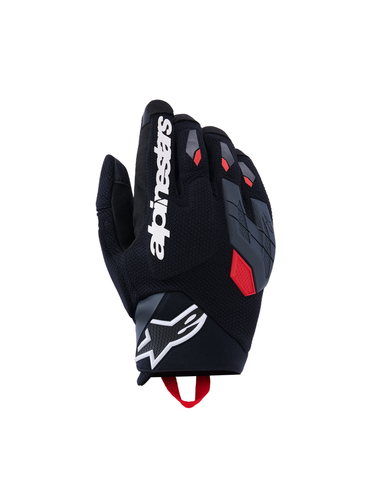Alpinestars Durack Gloves, Motorcycle Gloves, Black with Red Accents, Textured Fabric with Gray Knuckle Protection, White Logo, Sporty Design for Grip and Performance