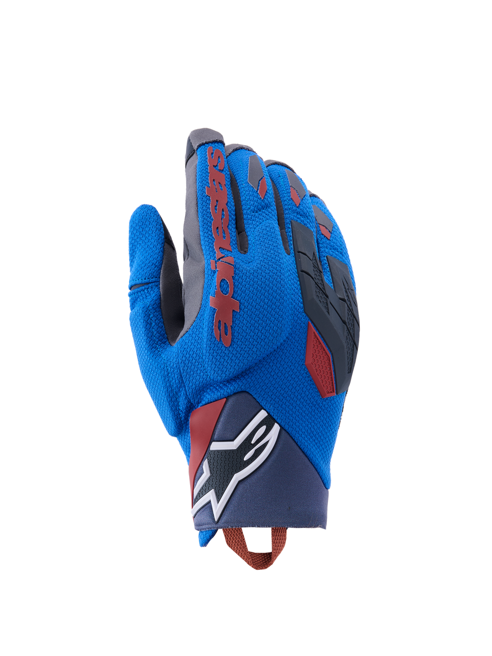 Alpinestars Durack Gloves, Adventure Motorcycle Gloves, Royal Blue and Deep Gray, textile backhand with TPR knuckle protection, red Alpinestars logo on index finger, white star logo on wrist, lightweight summer dual sport protection