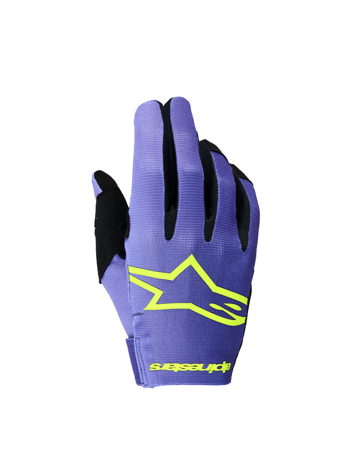 Alpinestars 2026 Radar Gloves, purple and yellow fluo motocross gloves featuring lightweight stretch construction.