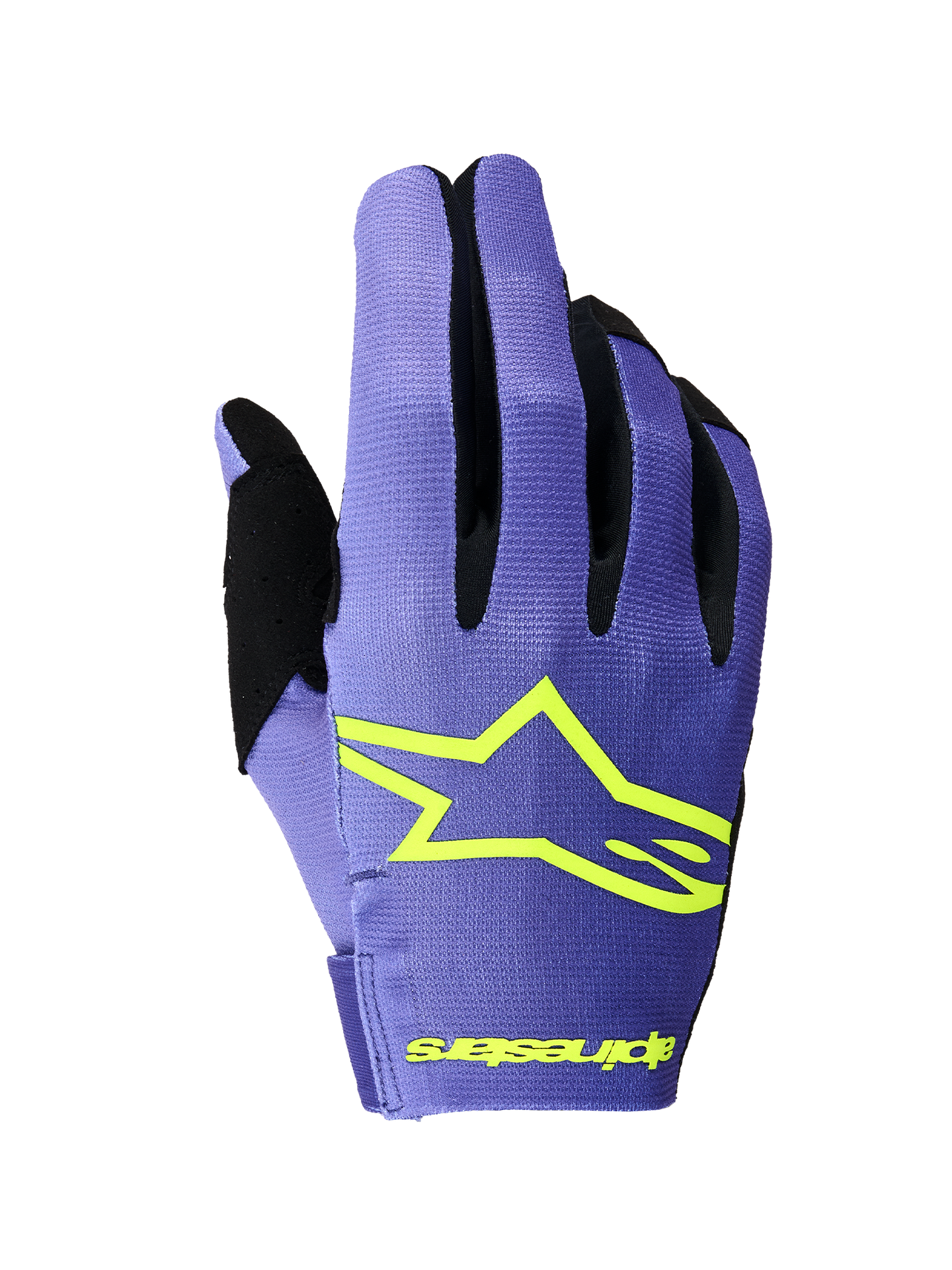Alpinestars 2026 Radar Gloves, Motocross Gloves, Purple and Yellow Fluo, backhand view featuring a prominent yellow Alpinestars star logo, black finger gussets, and lightweight stretch textile construction for off-road racing