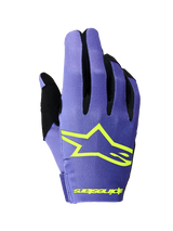 Alpinestars 2026 Radar Gloves, Motocross Gloves, Purple and Yellow Fluo, backhand view featuring a prominent yellow Alpinestars star logo, black finger gussets, and lightweight stretch textile construction for off-road racing