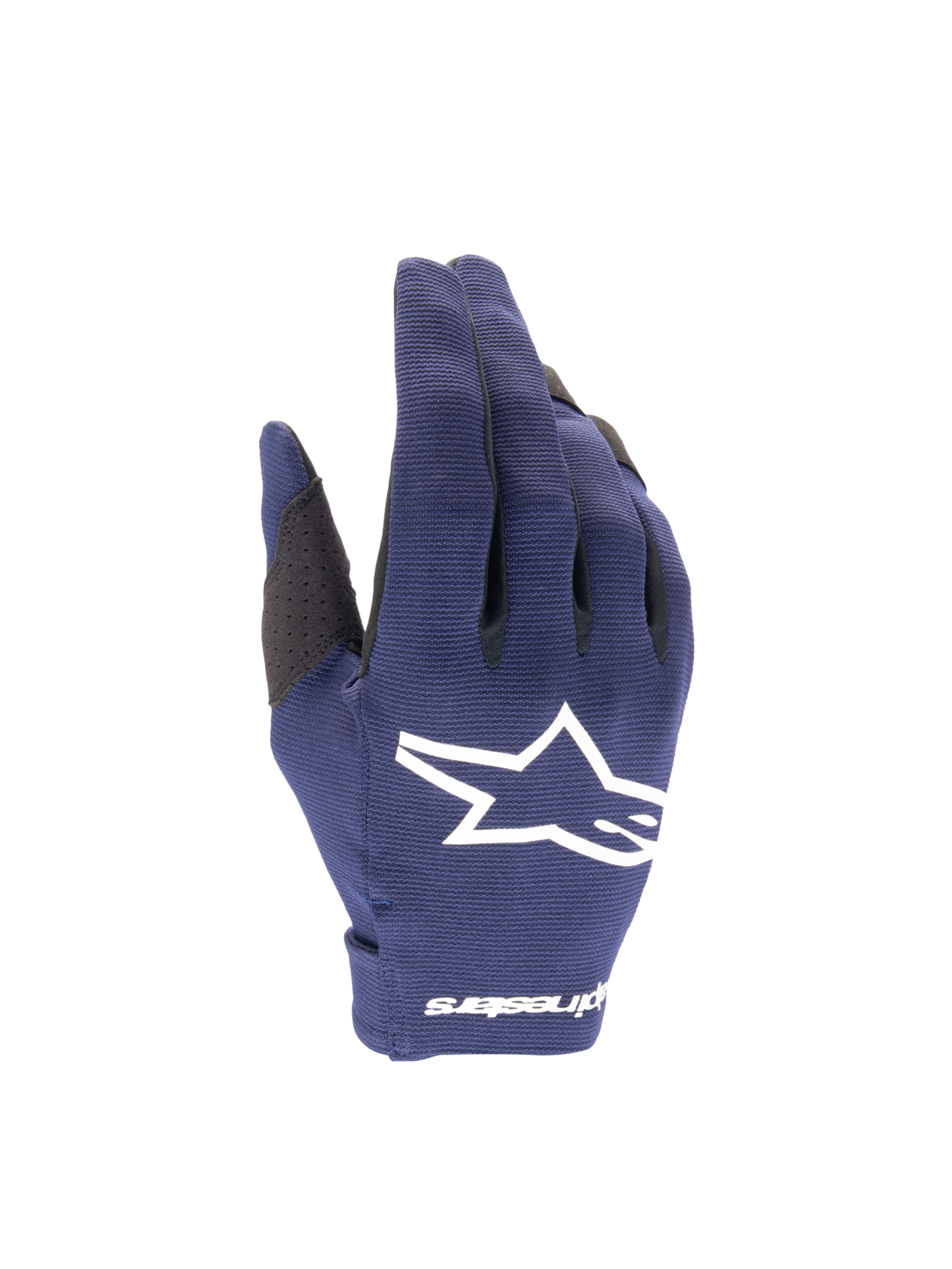 Alpinestars 2025 Radar Motocross Gloves, Men's, Night Navy and White, lightweight stretch textile with a star logo.
