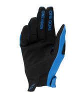 Alpinestars 2025 Radar Gloves, Motocross Gloves, Blue and Black, palm view featuring synthetic suede, 'ONE GOAL ONE VISION' text on fingers, blue side panels and small logo on the wrist, lightweight off-road racing design