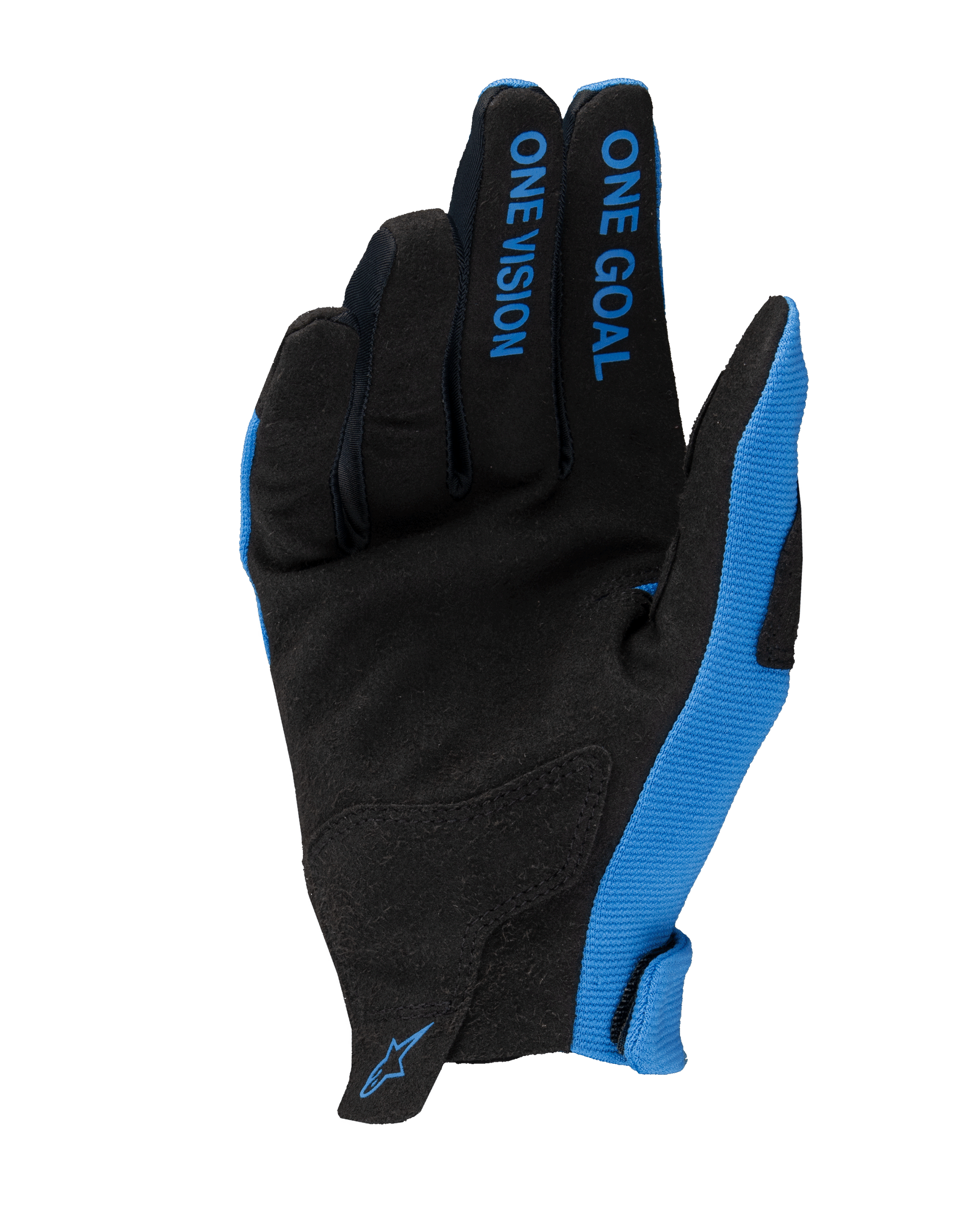 Alpinestars 2025 Radar Gloves, Motocross Gloves, Blue and Black, palm view featuring synthetic suede, 'ONE GOAL ONE VISION' text on fingers, blue side panels and small logo on the wrist, lightweight off-road racing design