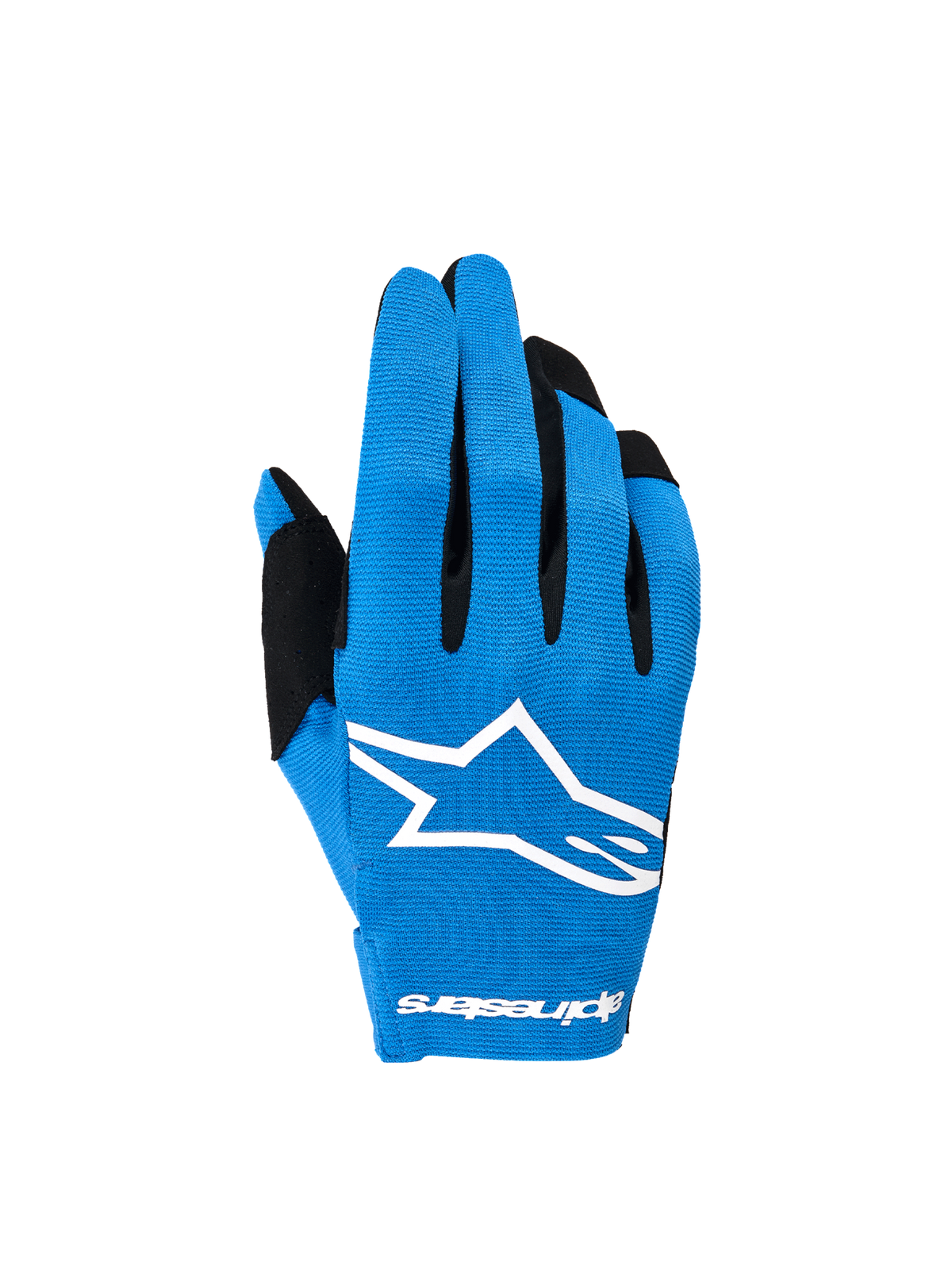 Alpinestars 2026 Radar Gloves, Men's blue and white motocross gloves with stretch backhand and white sublimated Astars logo.