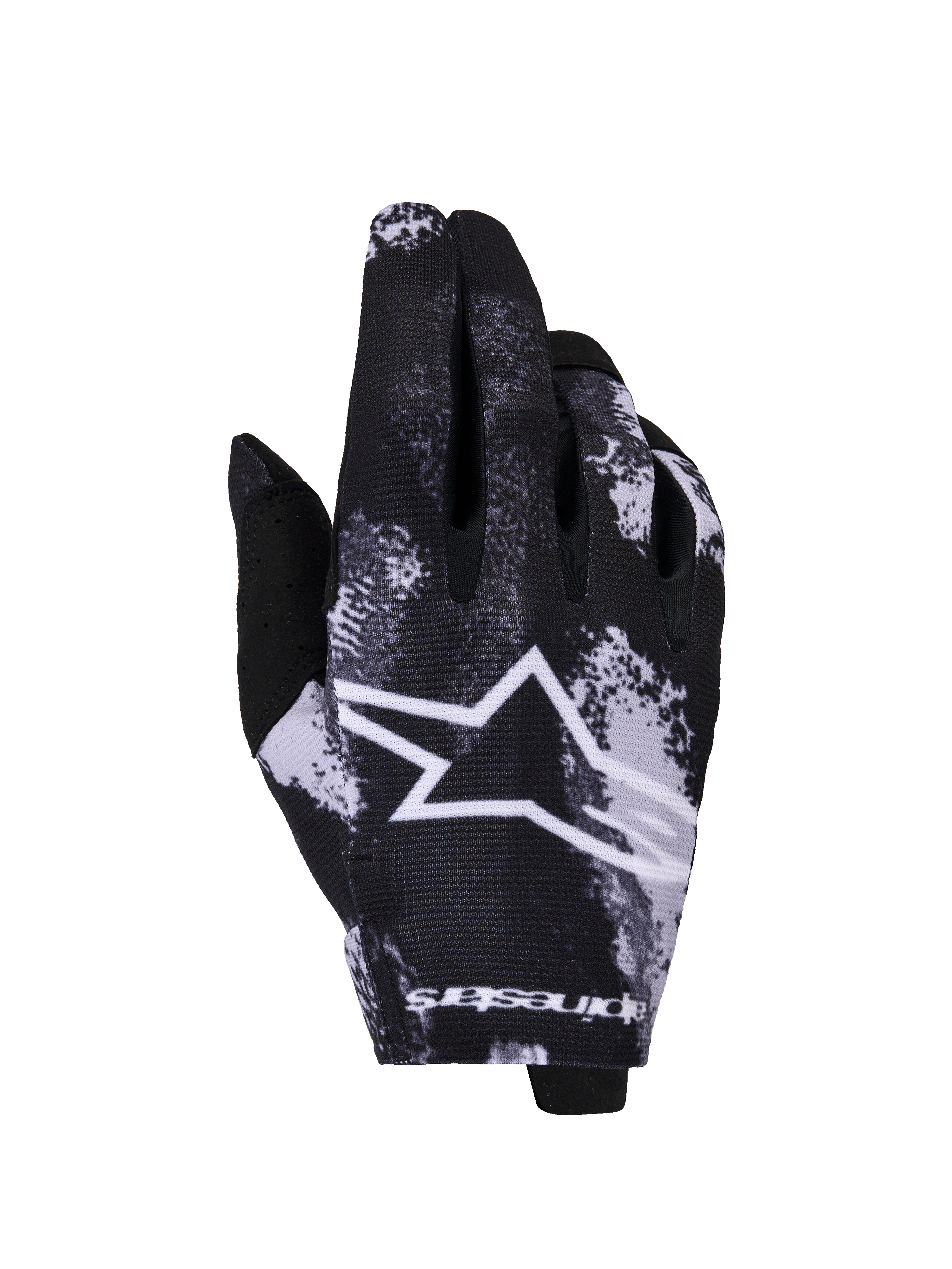 Alpinestars 2026 Radar Gloves, Motocross Gloves, Iron Camo Black and White, featuring a large white star logo, sublimated camouflage pattern, lightweight stretch fabric for off-road racing