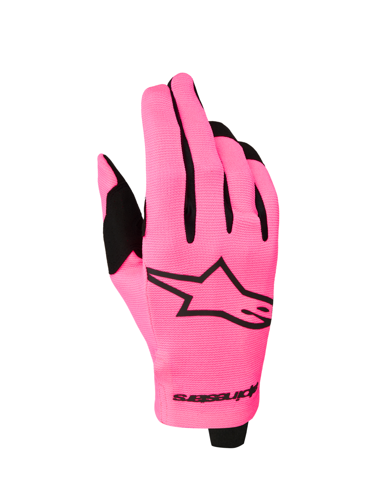 Alpinestars Radar Gloves 2027, lightweight motocross racing gloves in Pink Fluo and Black with a stretch textile backhand.