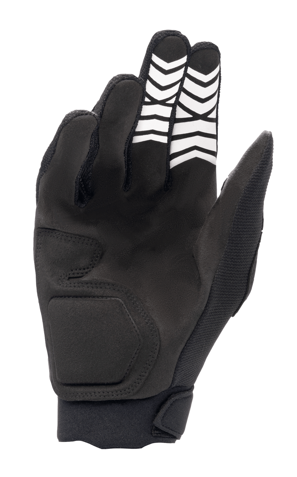 Alpinestars Full Bore XT Gloves, Black, palm side view showing synthetic suede construction with white chevron grip patterns on the fingers and an ergonomic wrist closure, designed for Enduro and off-road riding.