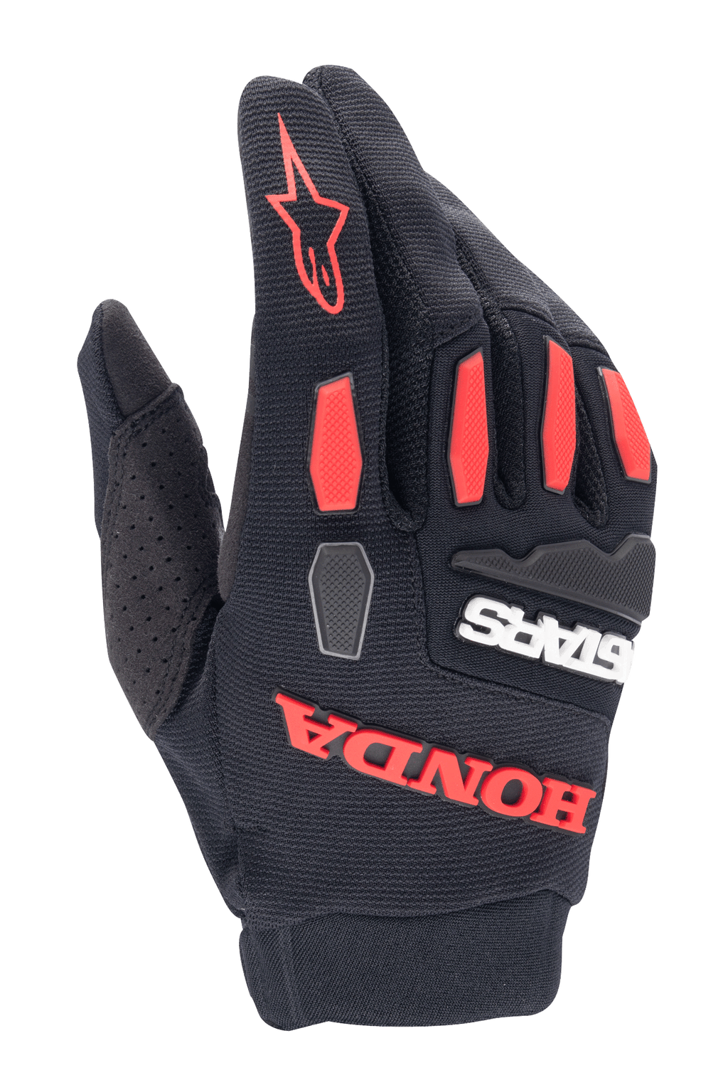 Alpinestars Honda Full Bore Gloves, Motocross Gloves, Black and Bright Red, featuring TPR knuckle guards and bold rubberized Honda branding, breathable stretch textile construction for off-road riding