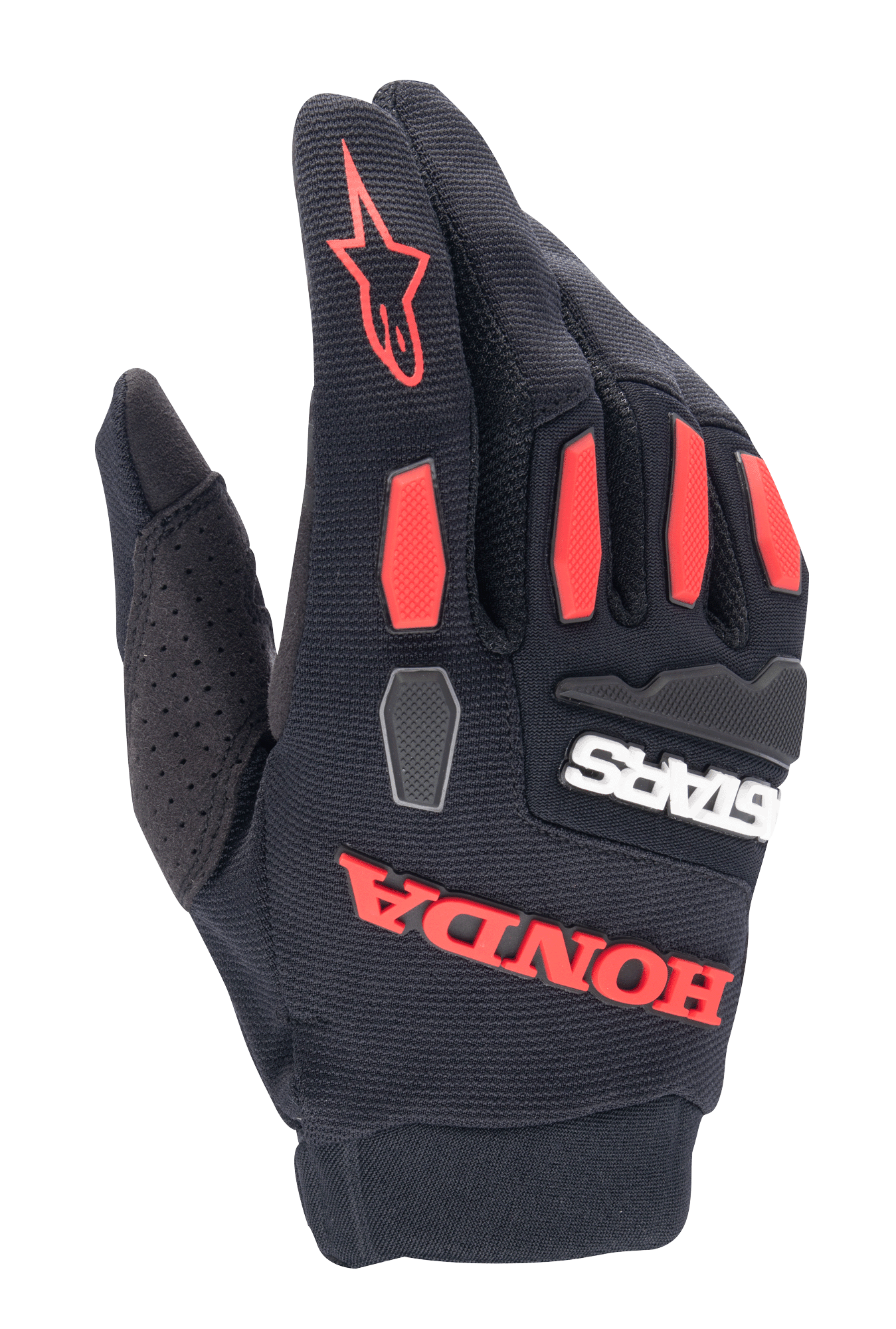 Alpinestars Honda Full Bore Gloves, Motocross Gloves, Black and Bright Red, featuring TPR knuckle guards and bold rubberized Honda branding, breathable stretch textile construction for off-road riding