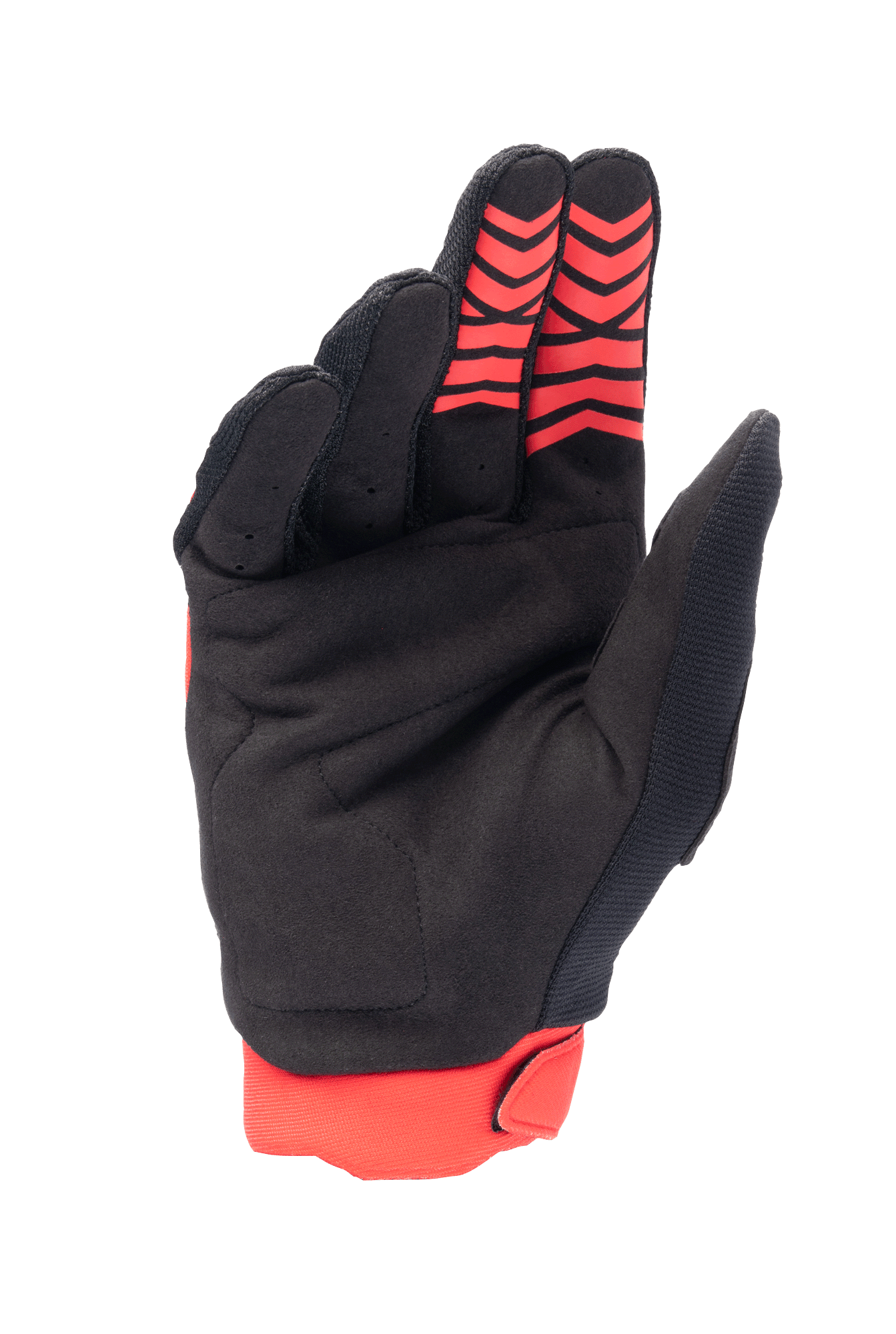Alpinestars Honda Full Bore Gloves, Motocross Gloves, Bright Red and Black, palm view featuring synthetic suede material and red silicone grip patterns on fingertips, red stretch cuff, durable design for off-road racing