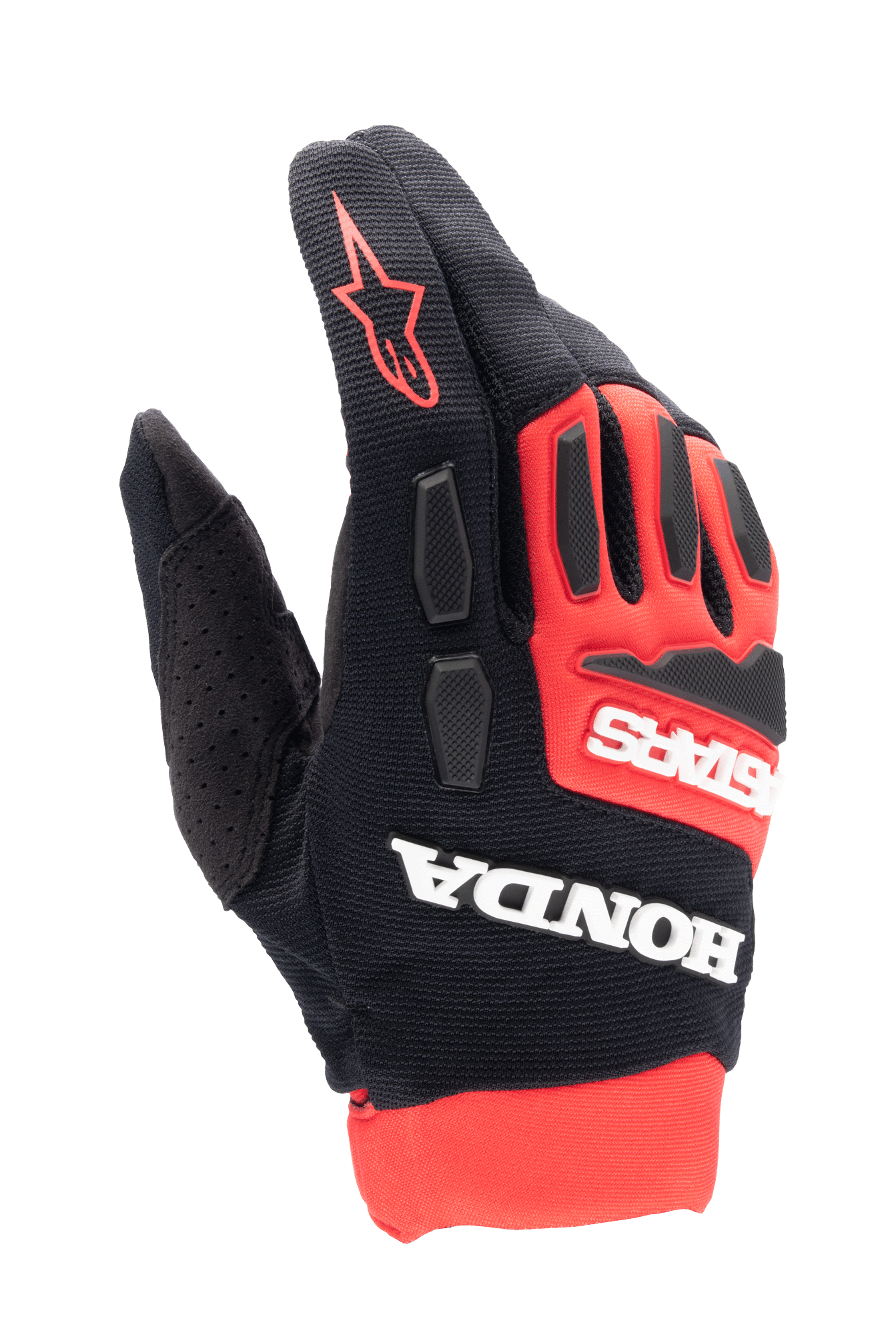 Alpinestars Honda Full Bore Gloves, Motocross Gloves, Bright Red and Black, bold white Honda and Astars branding, TPR knuckle guards, breathable stretch textile construction, and red star logo on finger, sporty off-road racing design
