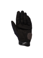 Alpinestars Megawatt V2 Gloves, Motocross and Enduro Gloves, Black, palm view showing reinforced palm and thumb sections, perforated texture for ventilation, Velcro wrist strap with white Alpinestars logo