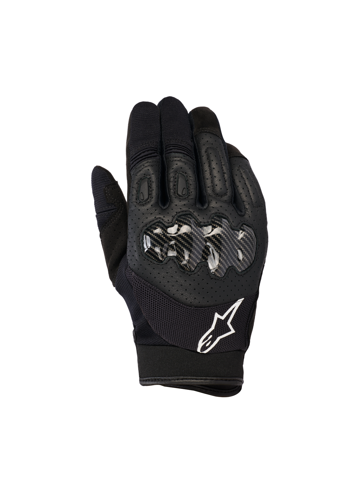 Alpinestars Megawatt V2 Gloves, Motocross and Enduro Gloves, Black, featuring a hard knuckle protector with carbon-look finish, perforated leather top hand for breathability, white Alpinestars logo on the cuff, durable off-road protection
