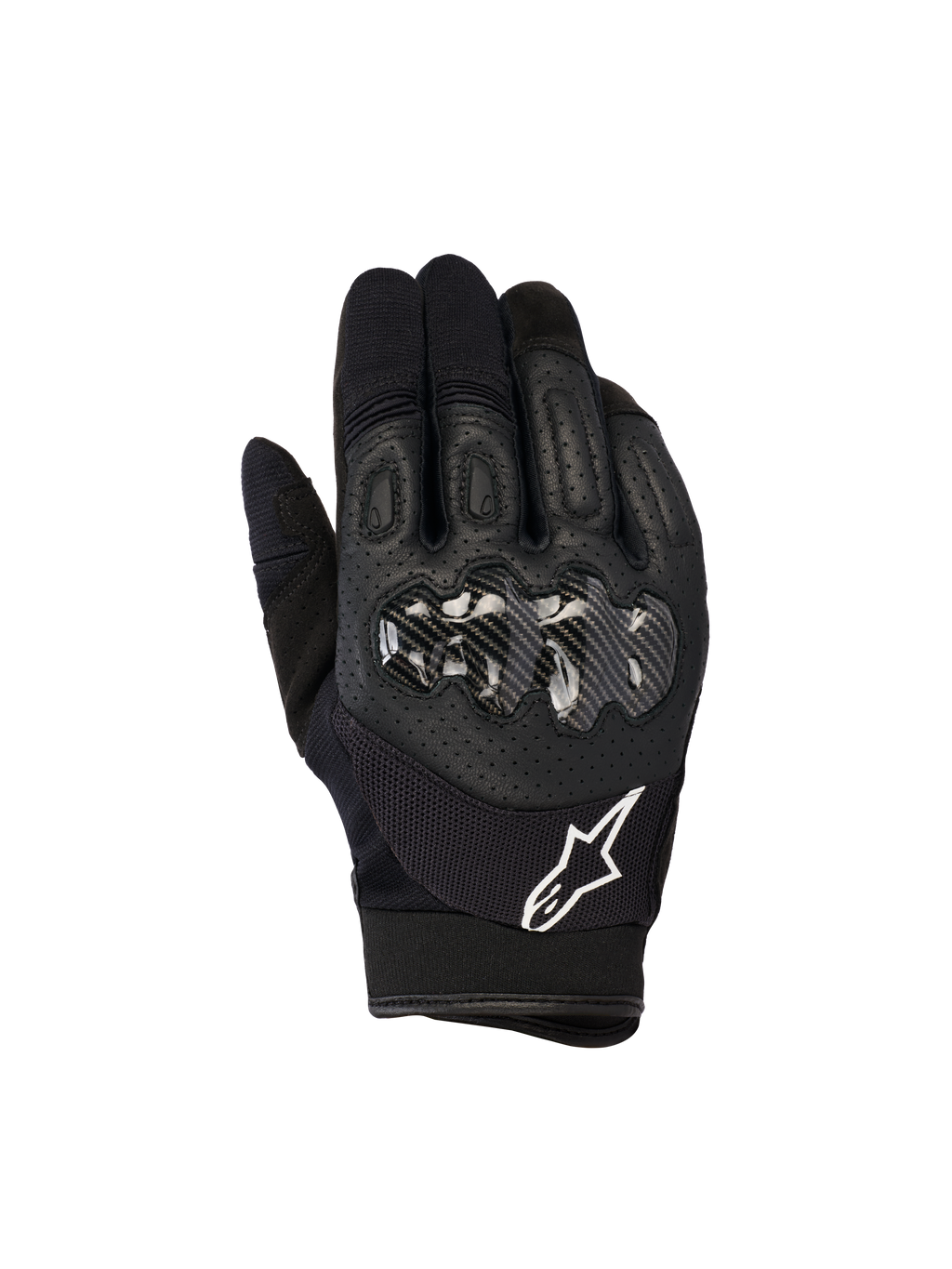 Alpinestars Megawatt V2 Gloves, Motocross and Enduro Gloves, Black, featuring a hard knuckle protector with carbon-look finish, perforated leather top hand for breathability, white Alpinestars logo on the cuff, durable off-road protection