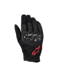 Alpinestars Megawatt V2 Gloves, Motocross Gloves, Black and Red Fluo, featuring carbon-textured hard knuckle protection, perforated leather for ventilation, and red star logo, durable off-road gear