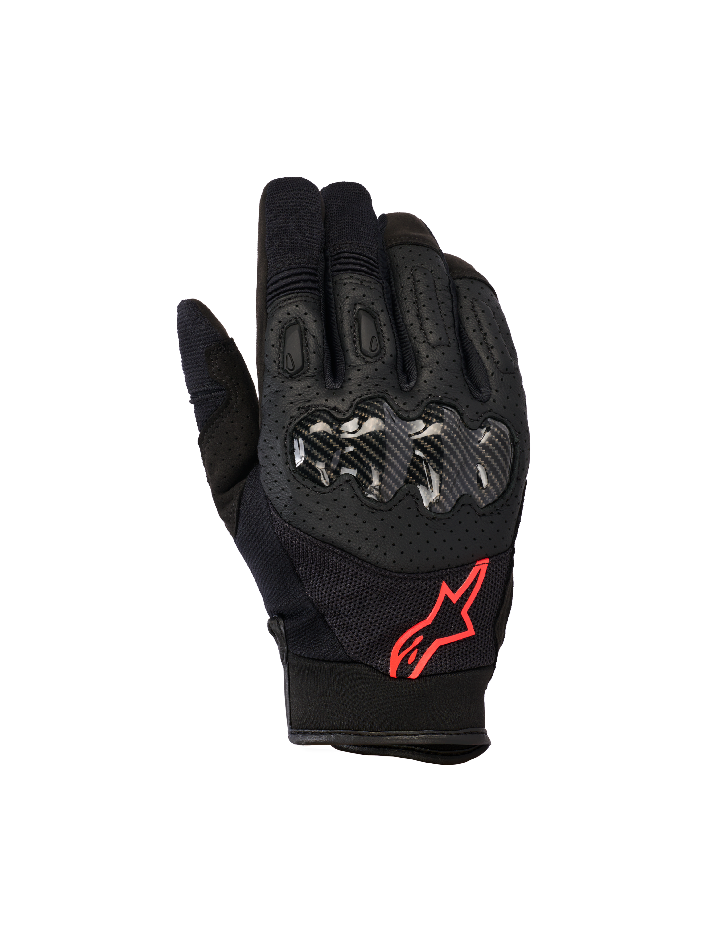 Alpinestars Megawatt V2 Gloves, Motocross Gloves, Black and Red Fluo, featuring carbon-textured hard knuckle protection, perforated leather for ventilation, and red star logo, durable off-road gear