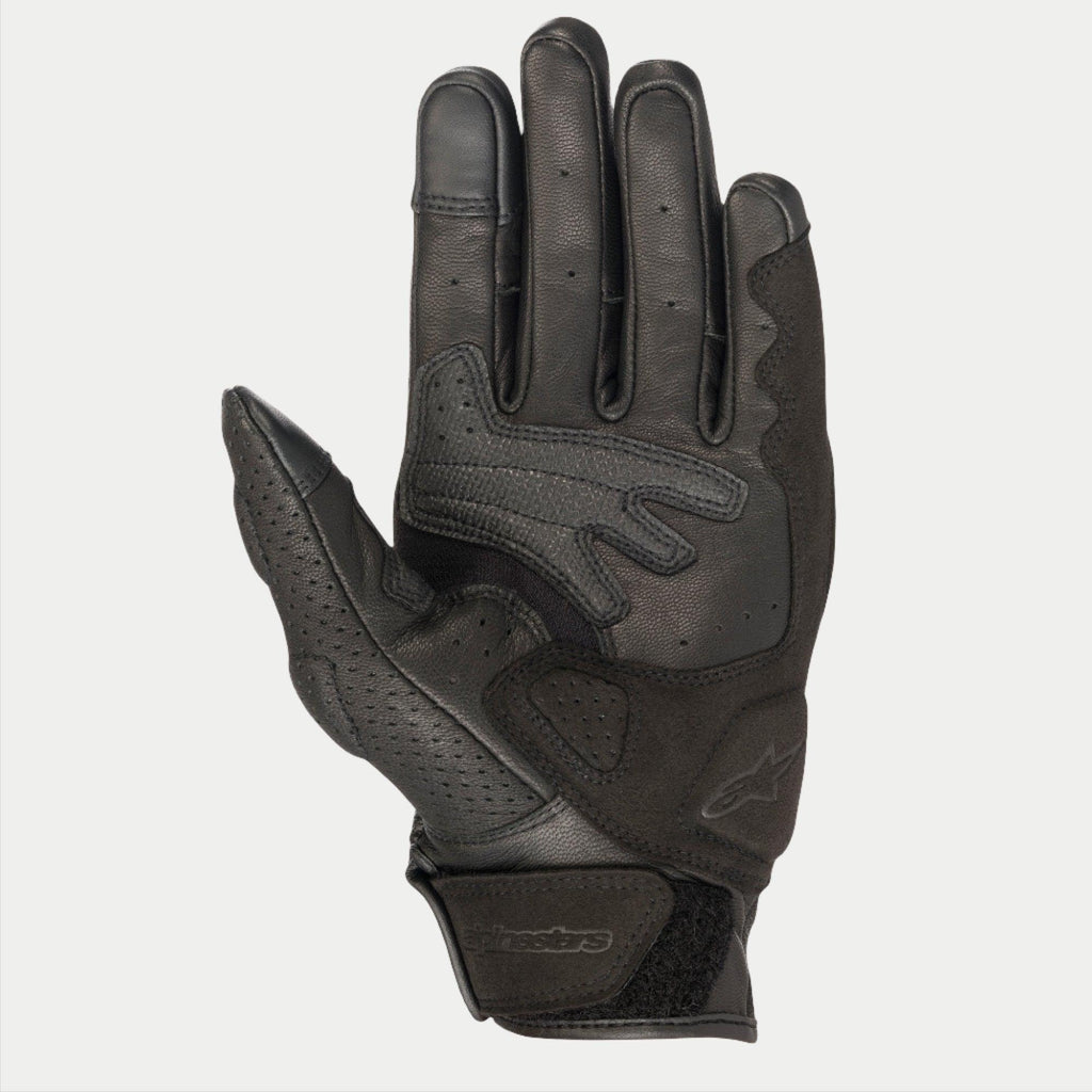 Alpinestars Mustang V2 Gloves, Black leather motorcycle gloves, palm view showing perforated leather, synthetic suede reinforcements, and hook-and-loop wrist closure, urban road riding gear
