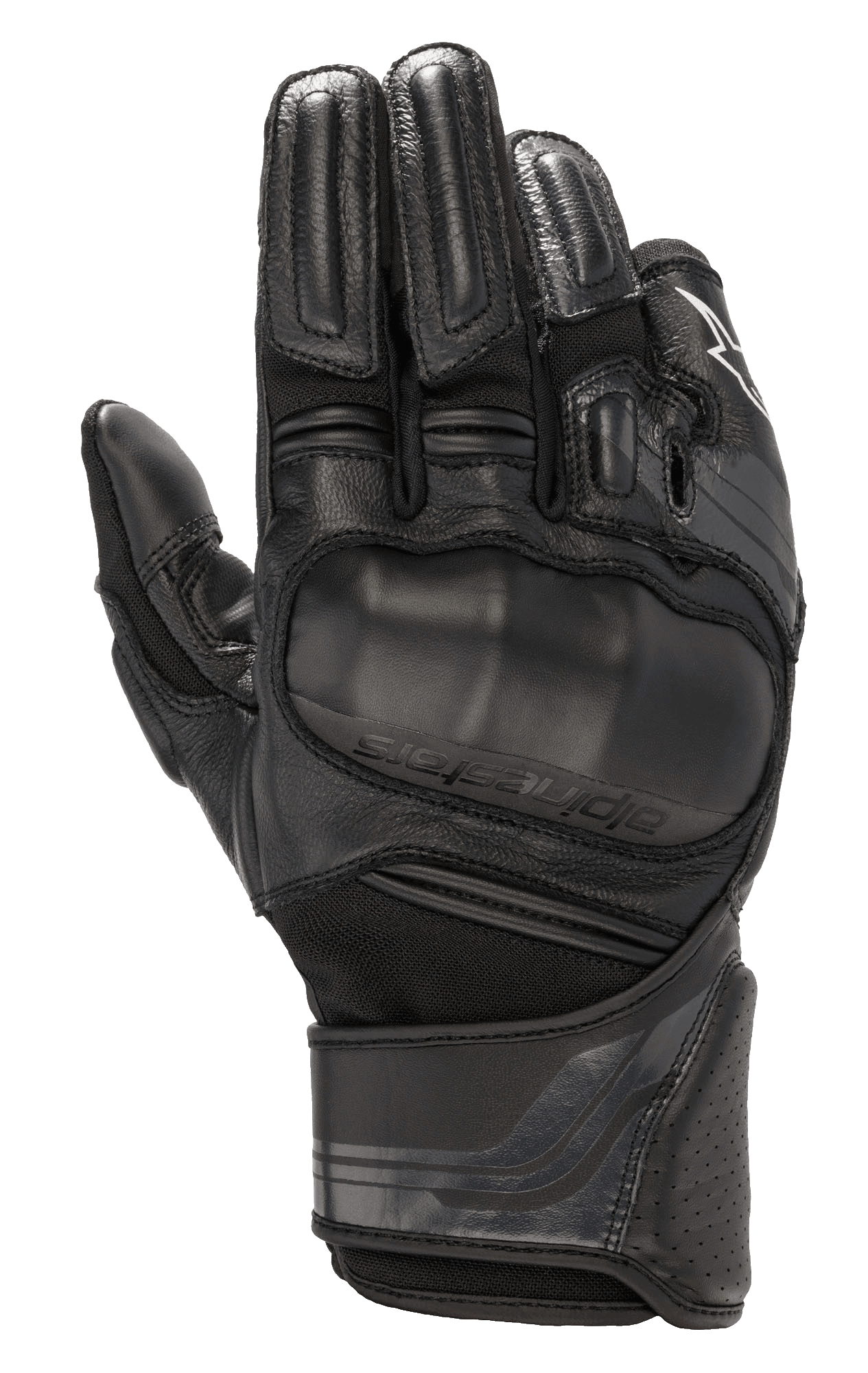 Alpinestars Booster V2 Gloves, Black Motorcycle Gloves, featuring an over-molded viscoelastic knuckle guard, multi-panel leather and textile construction, padded finger protection, perforated leather cuff, and adjustable wrist strap