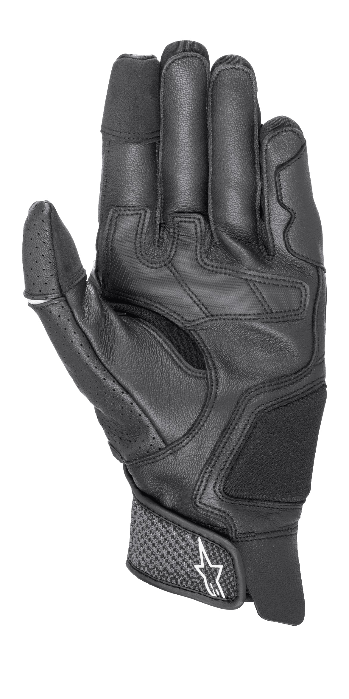 Alpinestars Morph Sport Gloves, Black, palm view featuring reinforced leather panels, stretch inserts for dexterity, and a short cuff with a white Astars logo on the velcro closure.
