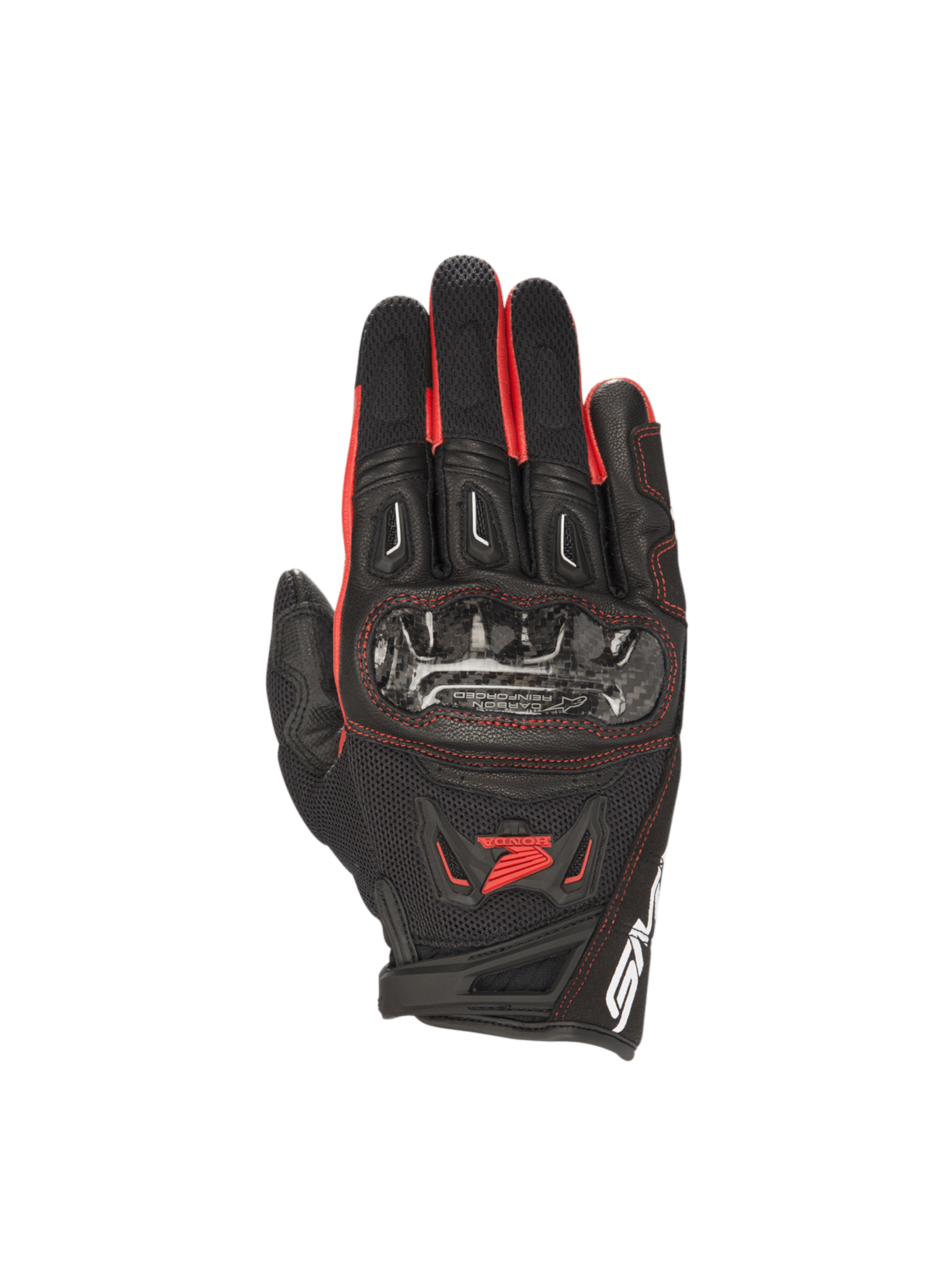 Alpinestars Honda SMX-2 Air Carbon V2 road gloves for men, black and red, with carbon knuckle guards and breathable mesh.
