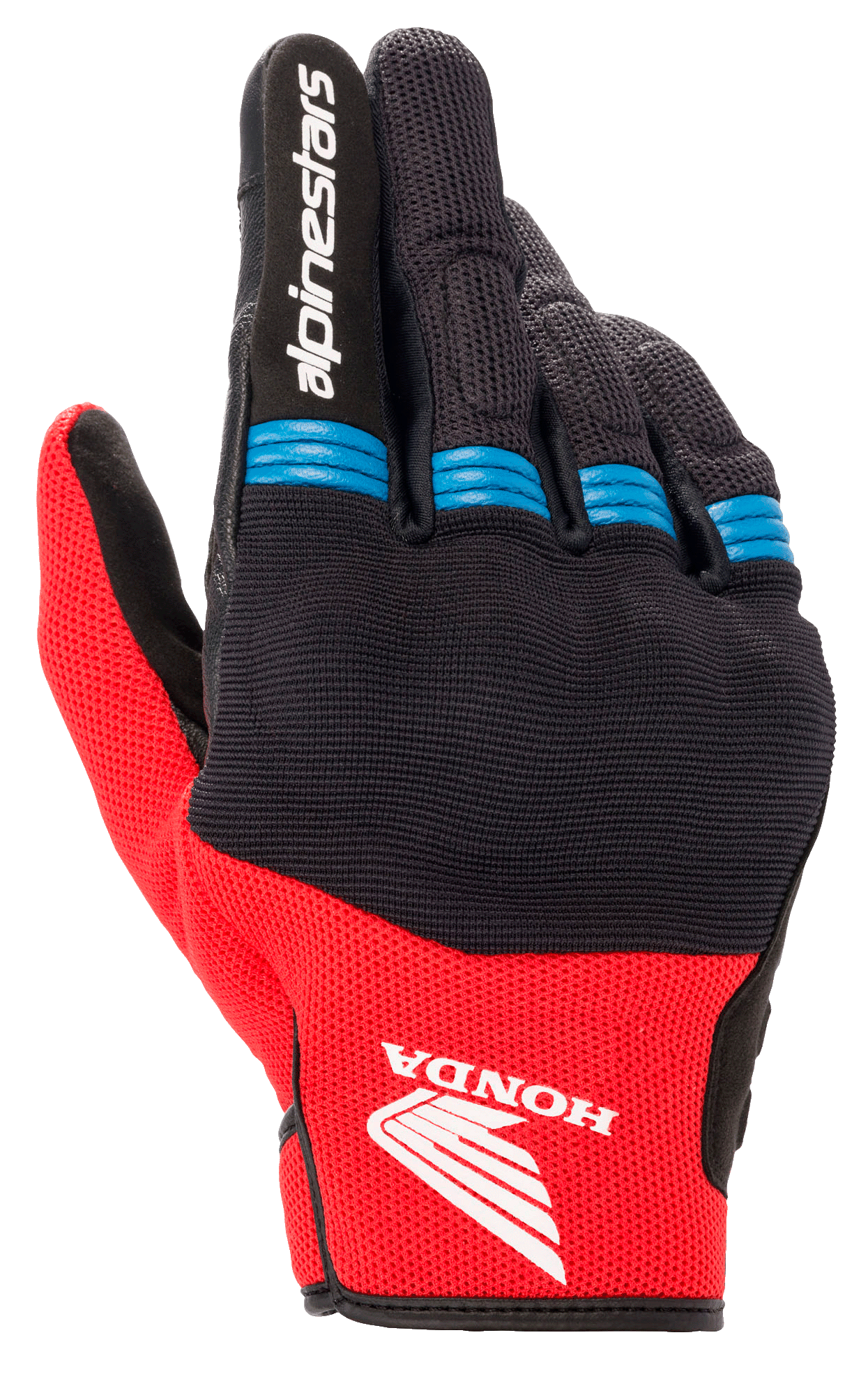 Alpinestars Honda Copper Glove, Motorcycle Gloves, Black and Bright Red with Blue accents, featuring Honda wing logo on the backhand, Alpinestars branding on the index finger, mesh construction with accordion finger details, short cuff urban style