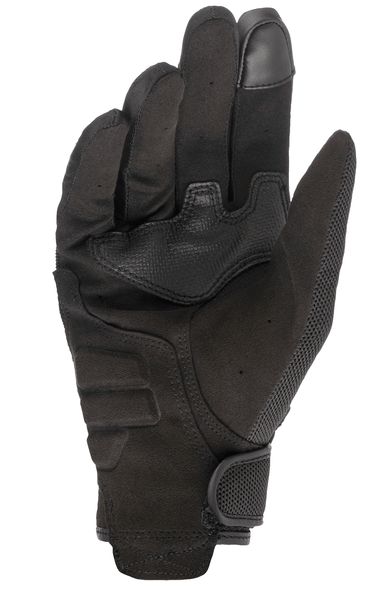Alpinestars Copper Gloves, Urban Motorcycle Gloves, Black, palm side view featuring synthetic suede material, touchscreen compatible fingertip, reinforced palm padding, and secure hook and loop wrist closure