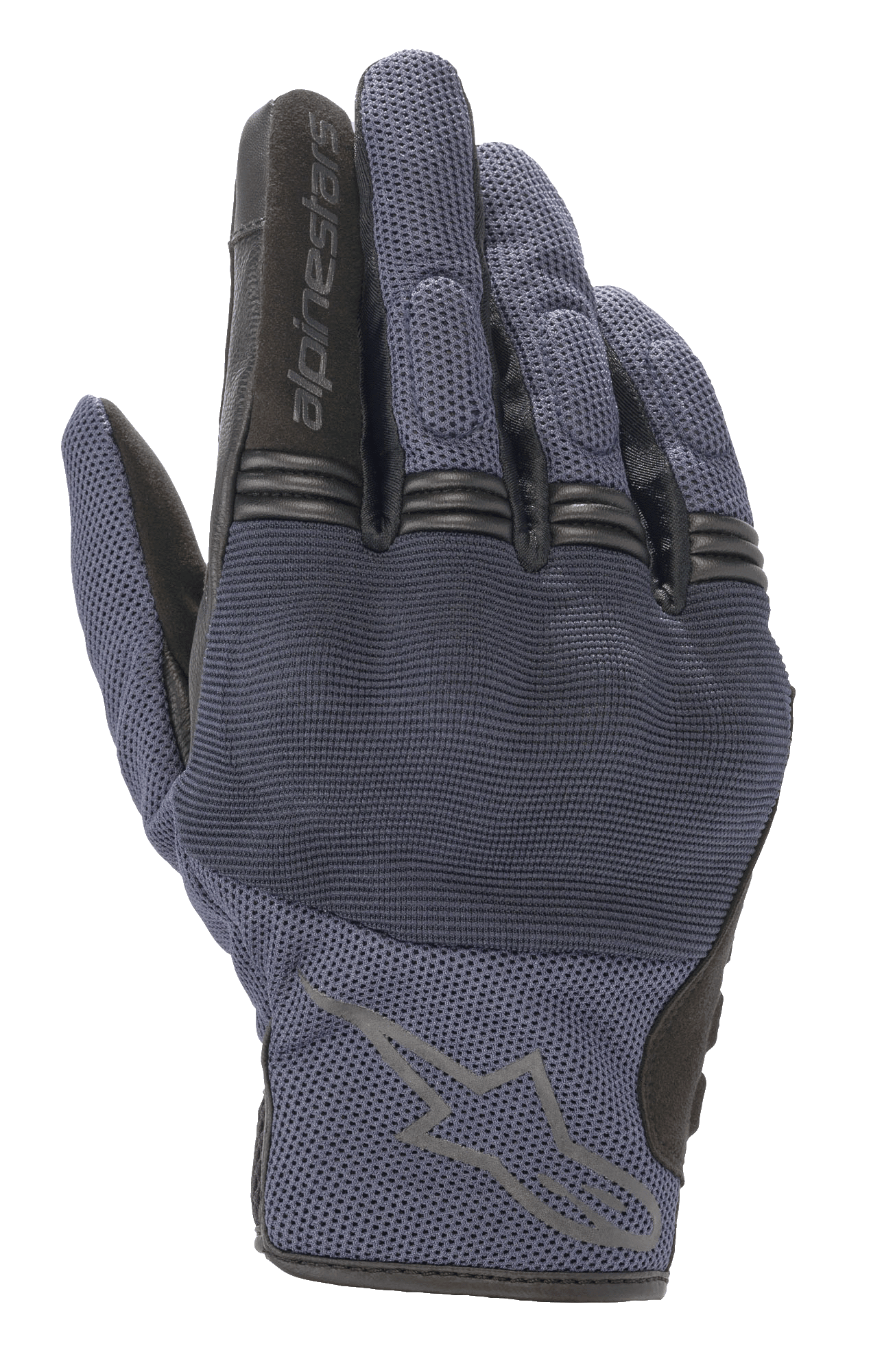 Alpinestars Copper Gloves, Urban Motorcycle Gloves, Mood Indigo Blue with black accents, mesh textile construction, featuring hard knuckle protection and accordion finger joints, Alpinestars logo on the backhand