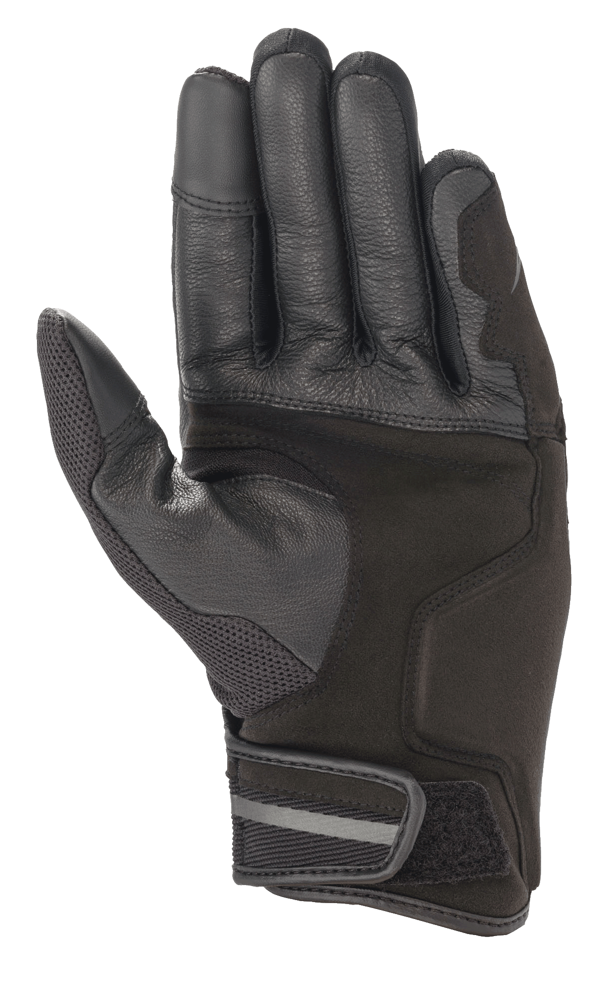 Alpinestars Chrome Gloves, Motorcycle Gloves, Black Forest colorway, palm view featuring reinforced leather and synthetic suede construction, mesh thumb panel, and short cuff with adjustable velcro closure and reflective detail.