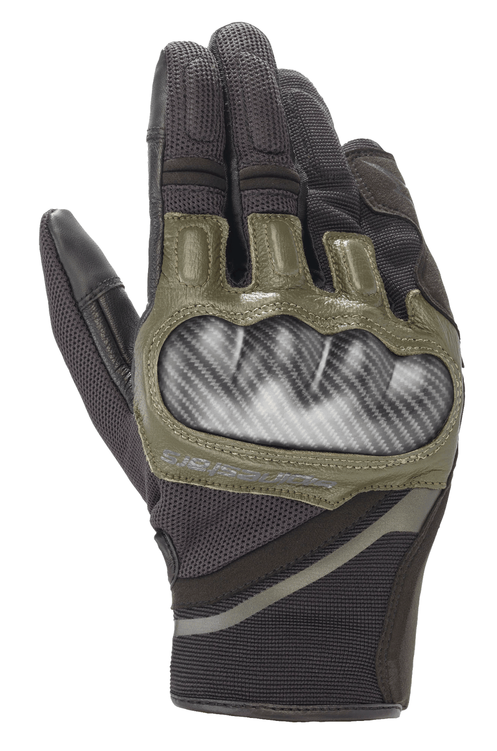 Alpinestars Chrome Gloves, Motorcycle Gloves, Black and Forest Green, featuring carbon-look hard knuckle protection, olive green leather accents, and durable multi-panel textile construction