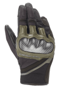 Alpinestars Chrome Gloves, Motorcycle Gloves, Black and Forest Green, featuring carbon-look hard knuckle protection, olive green leather accents, and durable multi-panel textile construction