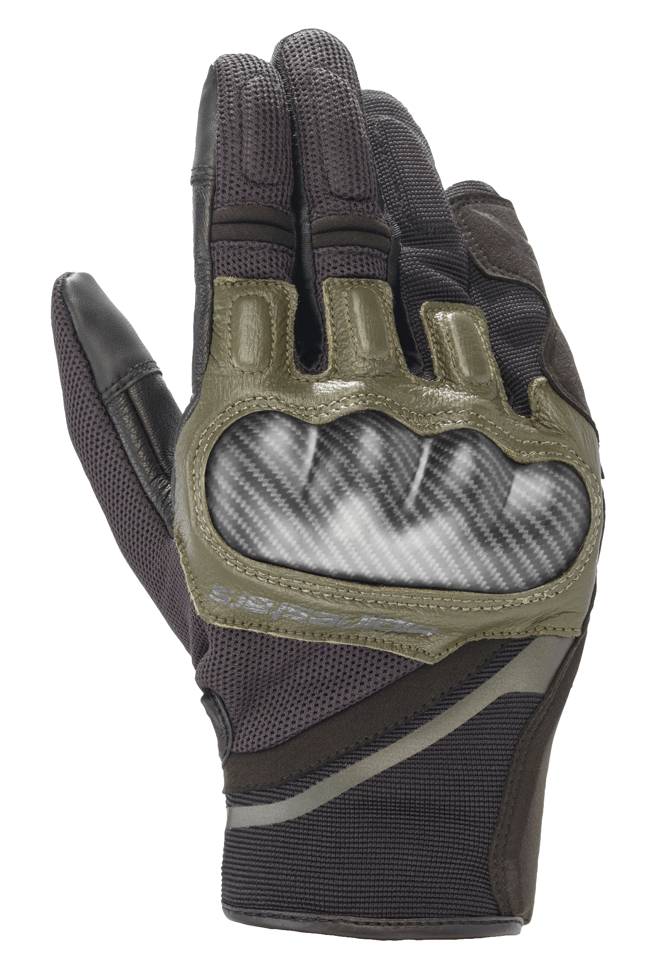 Alpinestars Chrome Gloves, Motorcycle Gloves, Black and Forest Green, featuring carbon-look hard knuckle protection, olive green leather accents, and durable multi-panel textile construction