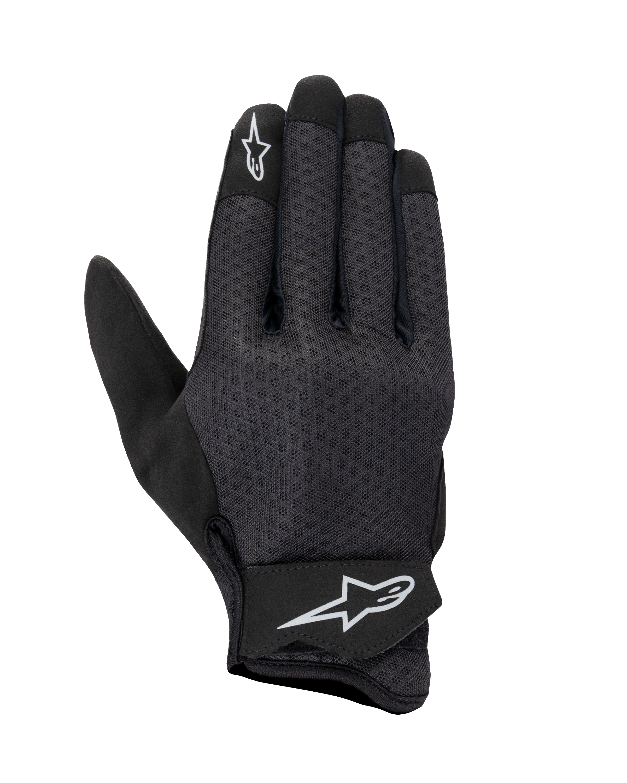 Alpinestars Stated Air Gloves, Motorcycle Gloves, Black, mesh backhand for maximum ventilation, white star logos on index finger and wrist strap, adjustable Velcro closure, lightweight synthetic material, streamlined urban design