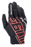 Alpinestars Aragon Glove, Urban Motorcycle Glove, Black and Bright Red, featuring large stylized MM93 graphics and Marc Marquez signature on the wrist, white Alpinestars logo, stretch textile construction for lightweight breathability.
