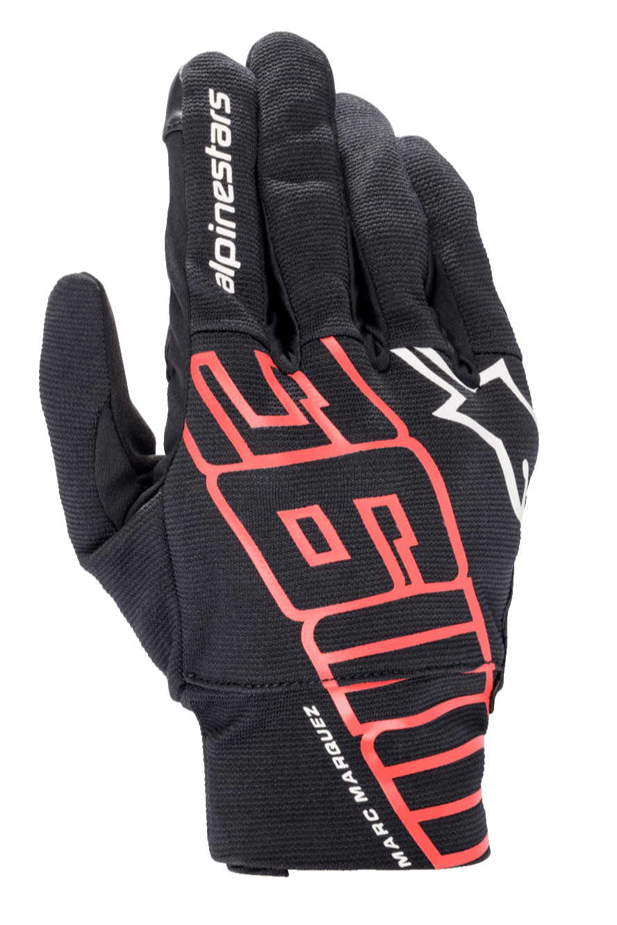 Alpinestars Aragon Glove, Urban Motorcycle Glove, Black and Bright Red, featuring large stylized MM93 graphics and Marc Marquez signature on the wrist, white Alpinestars logo, stretch textile construction for lightweight breathability.