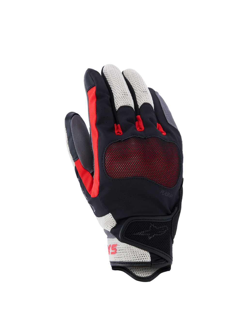 Alpinestars Mogress Airflow Gloves, Motorcycle Gloves, Black Flame Red and Ecru, featuring laser-perforated backhand with 3D mesh inserts, transparent knuckle protection, short cuff design, urban summer riding gear