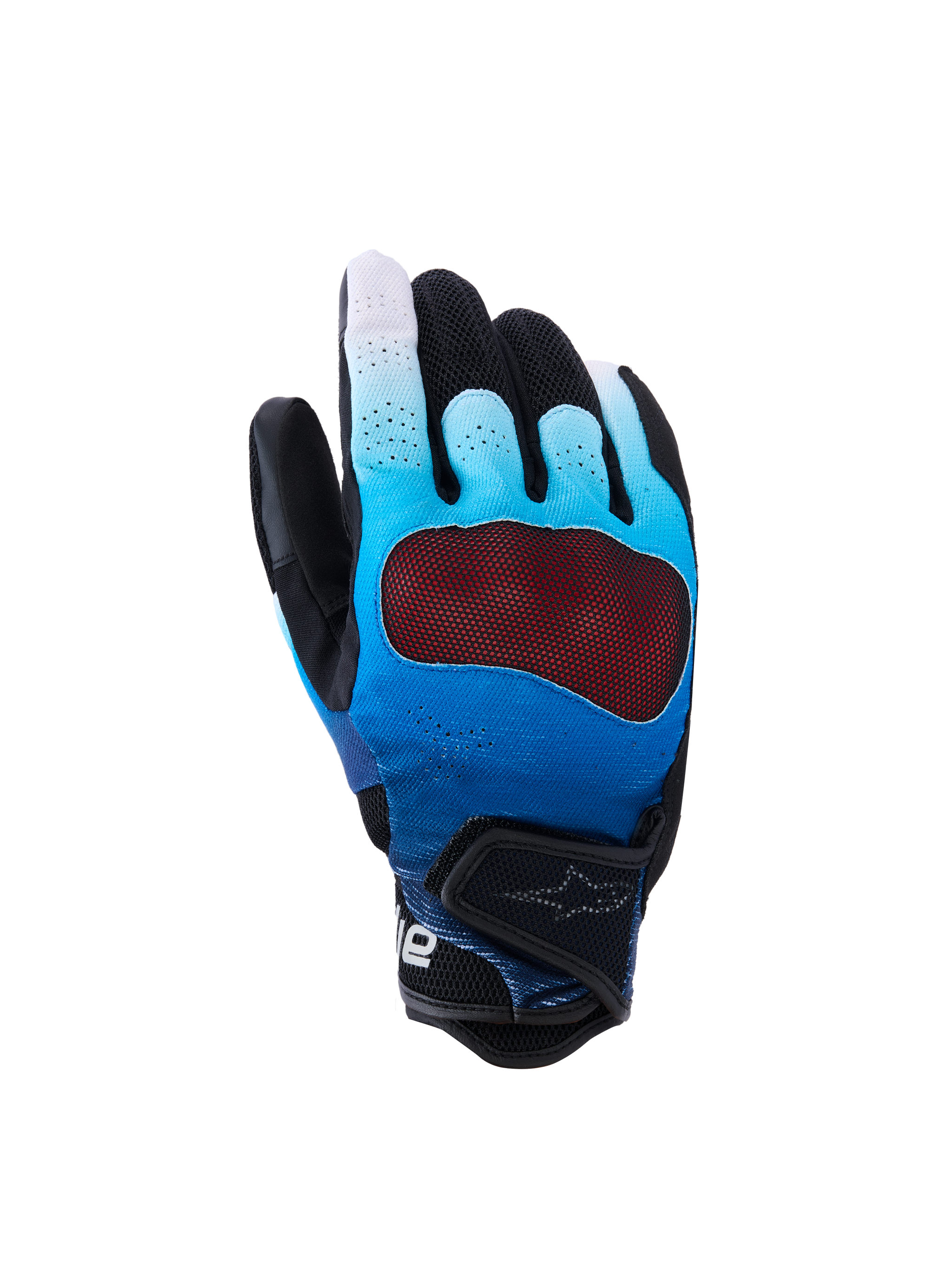 Alpinestars Mogress Airflow Gloves, Motorcycle Gloves, Blue White and Red, mesh knuckle ventilation, textured red palm, breathable perforated design, adjustable wrist strap, sporty ergonomic construction