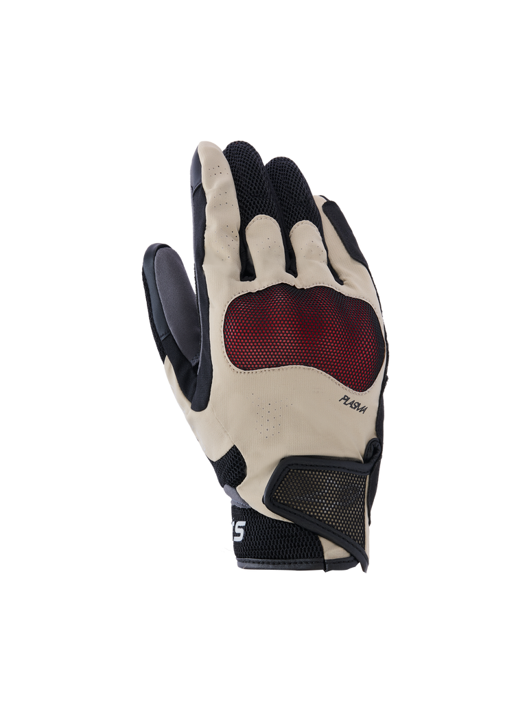 Alpinestars Mogress Airflow Gloves, Motorcycle Gloves, Beige Black and Red, textured palm protection, perforated fingers for breathability, mesh wrist with Velcro strap, sporty ergonomic design