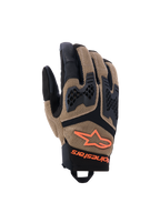 Alpinestars Manti Air Gloves, Motorcycle Gloves, Dark Khaki and Black with Orange Fluo accents, featuring 3D stretch mesh construction, injected knuckle protection with perforated design, orange star logo, and secure wrist closure, designed for summer adventure and road riding