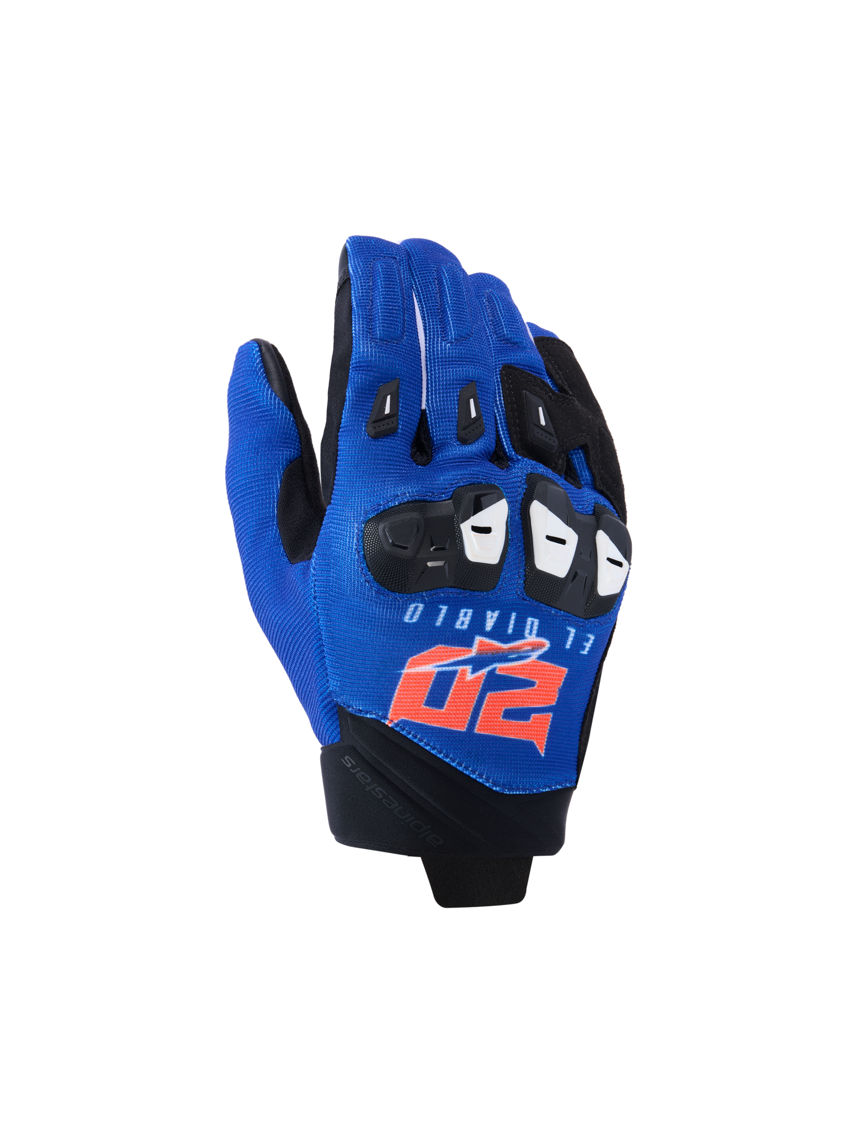 Alpinestars FQ20 SP X 1 Gloves, Sport Motorcycle Gloves, Blue/Black/Red Fluo, featuring El Diablo and 20 branding on the back, textile mesh top with black knuckle protection, streamlined design for racing and sport riding